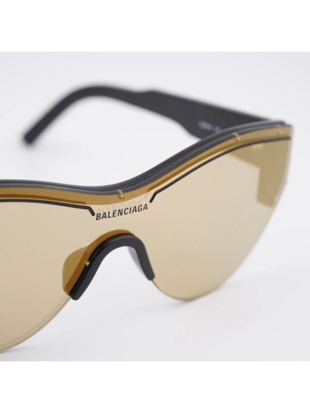 Balenciaga BB0004S 006 Sunglasses Black Shield Frame, Gold Mirror Lenses